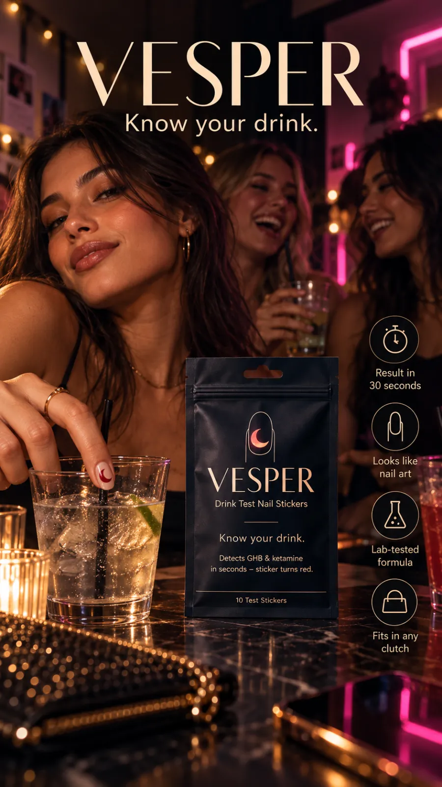 Friends at a bar at night with a Vesper pouch on the marble