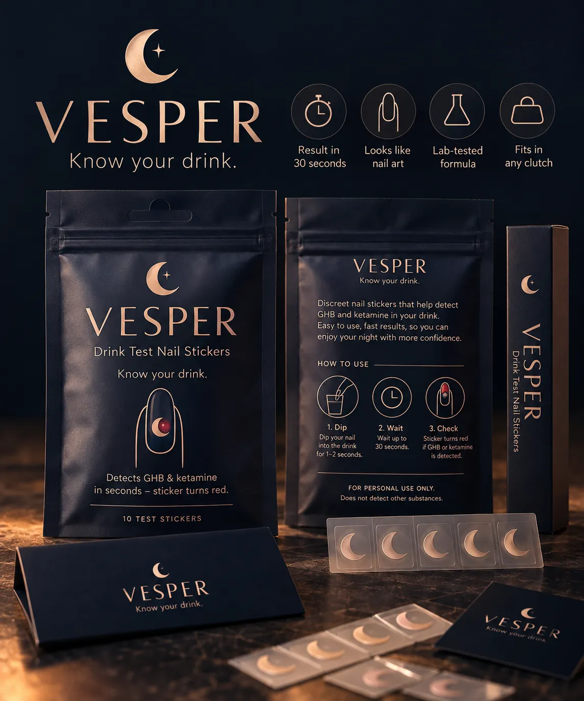The Vesper range on dark marble: pouches, gift box and sticker sheets